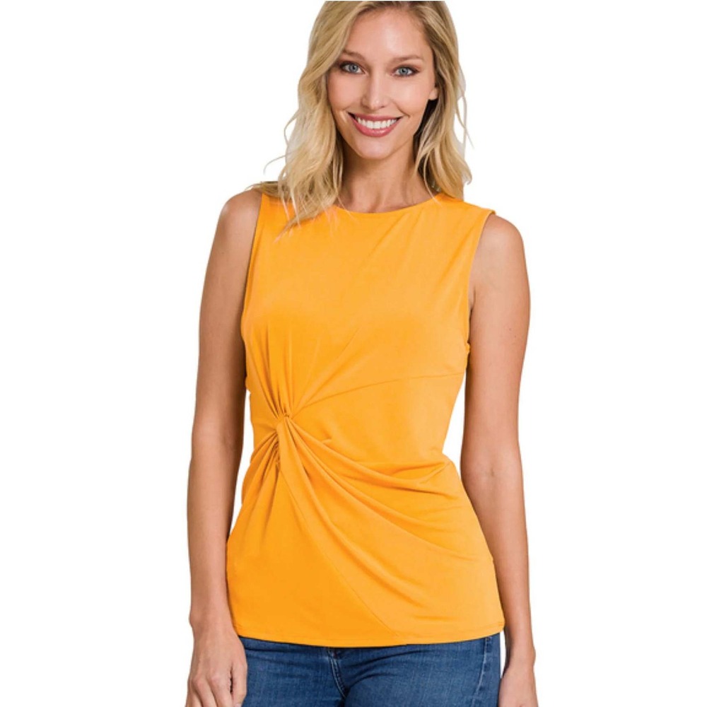 Zenana Golden Mustard Yellow Side Knot Twist Sleeveless Top‎ Blouse Womens-L